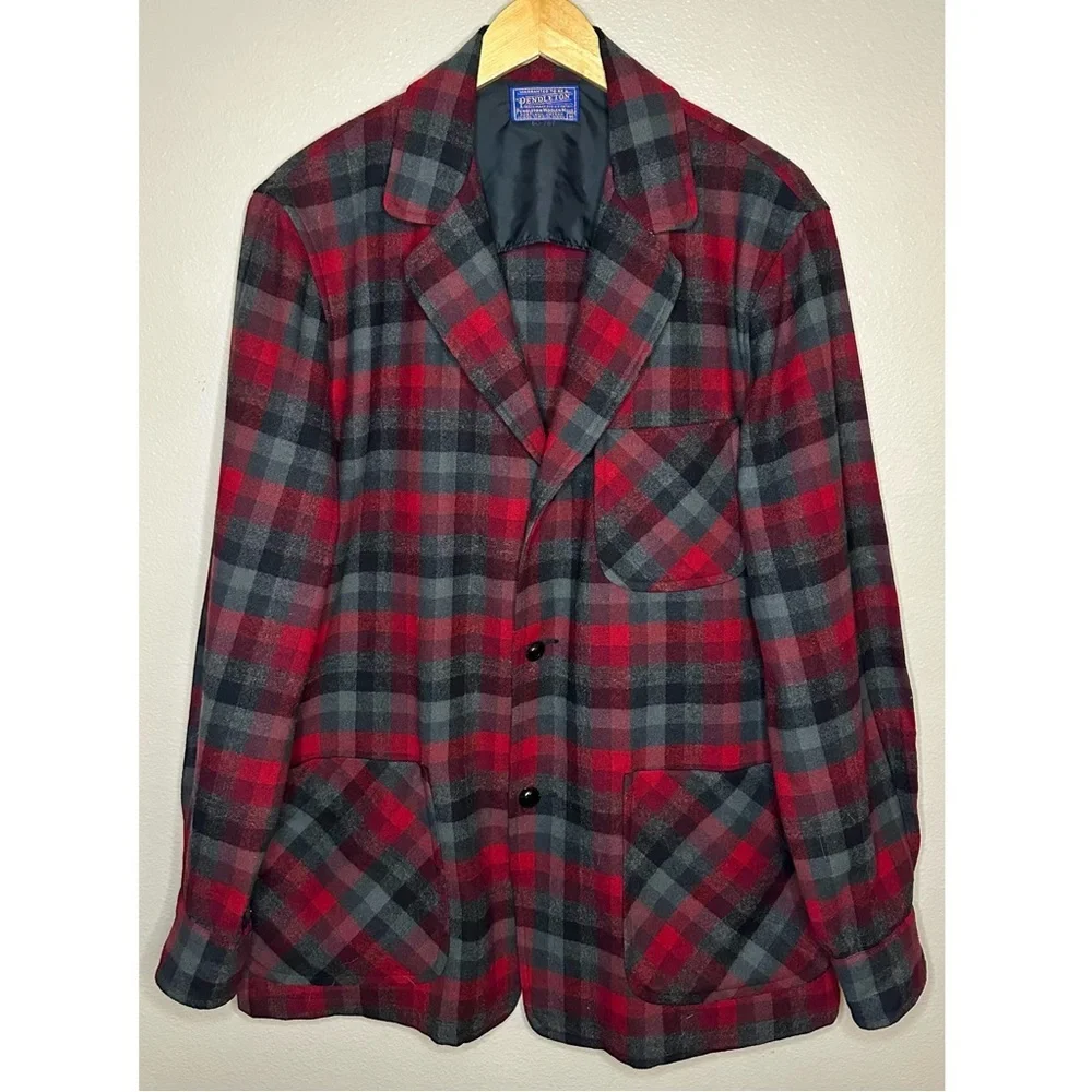 Pendleton Red Black Gray Plaid Wool Shirt Jacket Button Down Blazer Flannel
